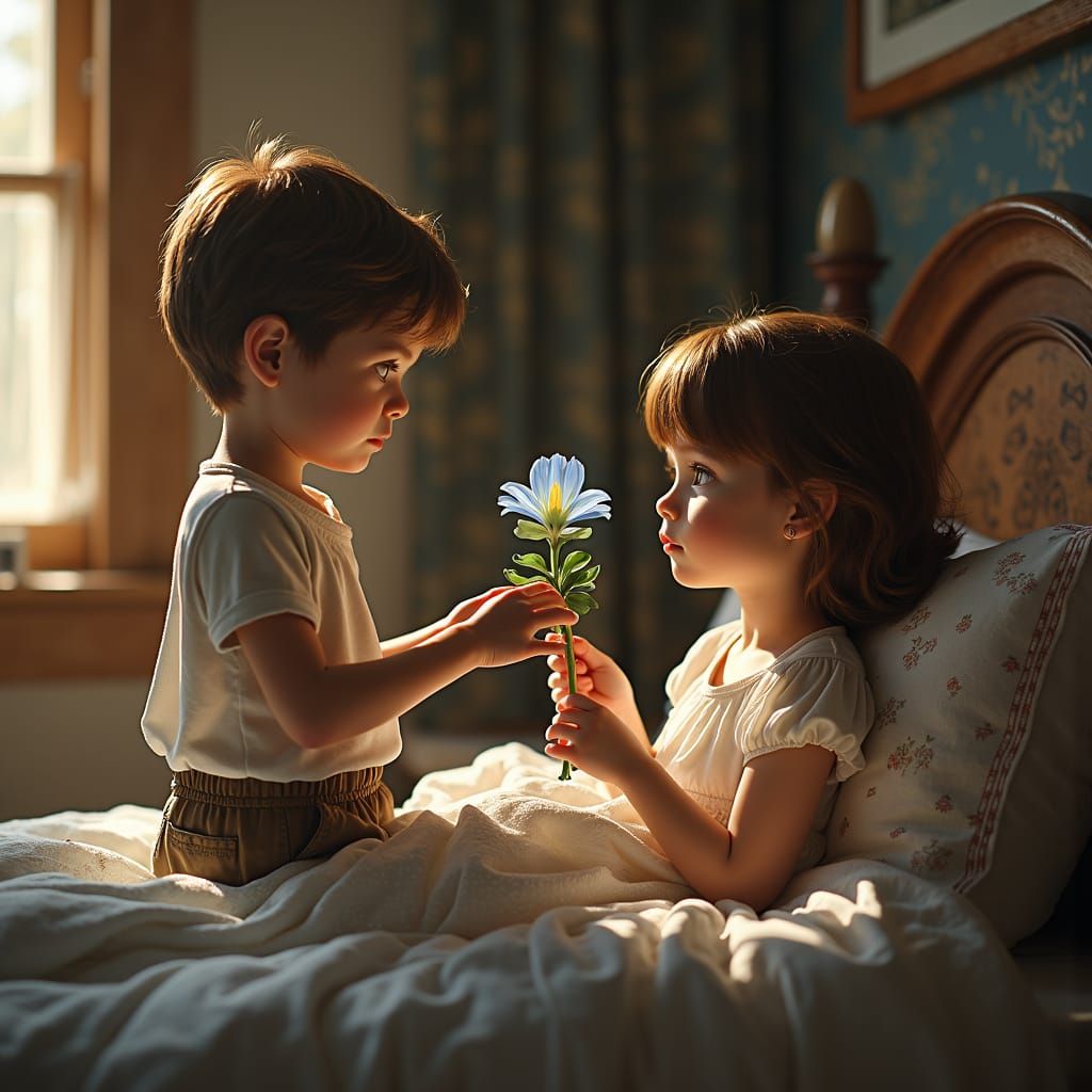 Boy Offers Flower to Girl in Fantasy Art Style