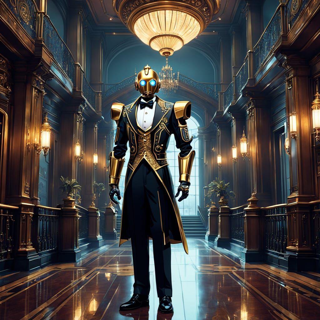 Dramatic Art Deco Robot Butler in Opulent Ballroom