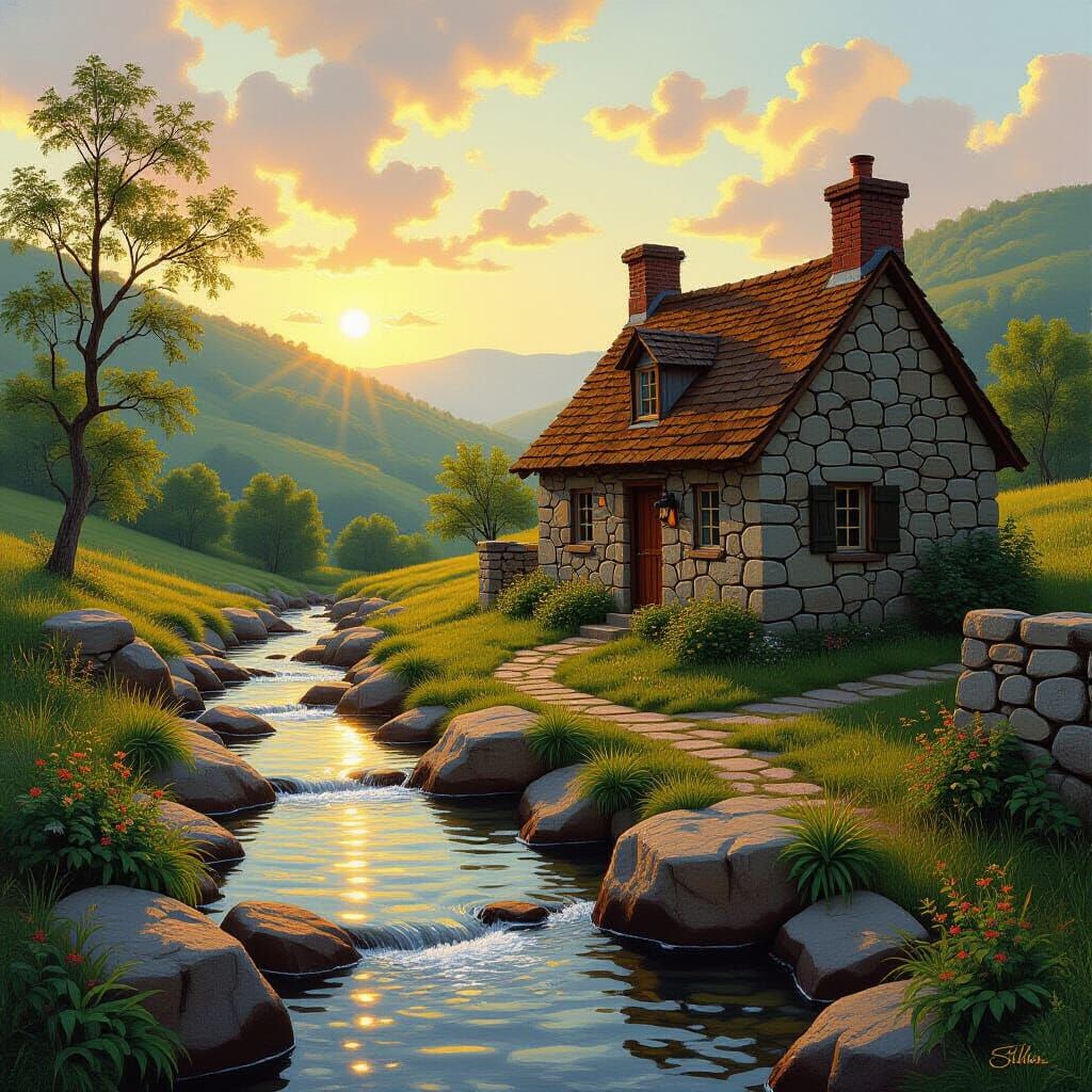 Cottage at Sunset in Hudson River School Style