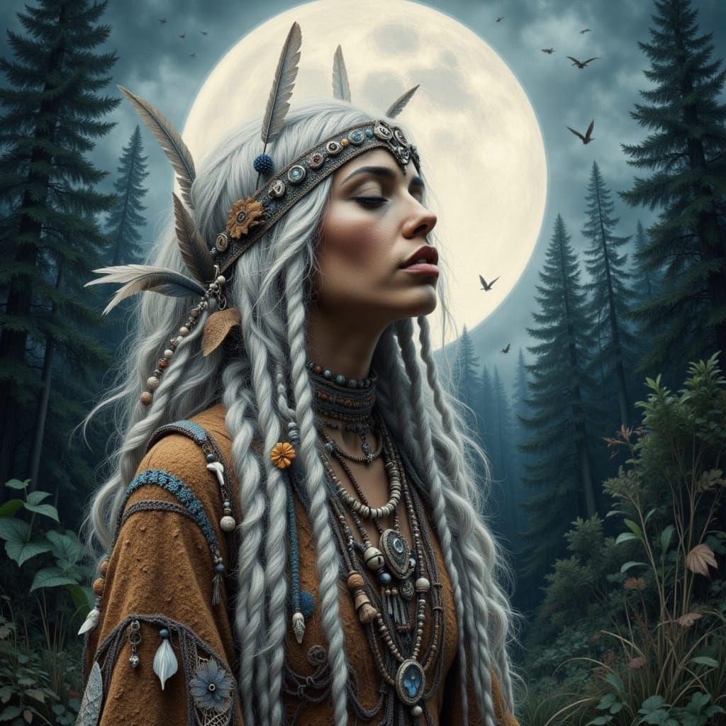 Tribal Medicine Woman Worships Moon in Realistic Portrait