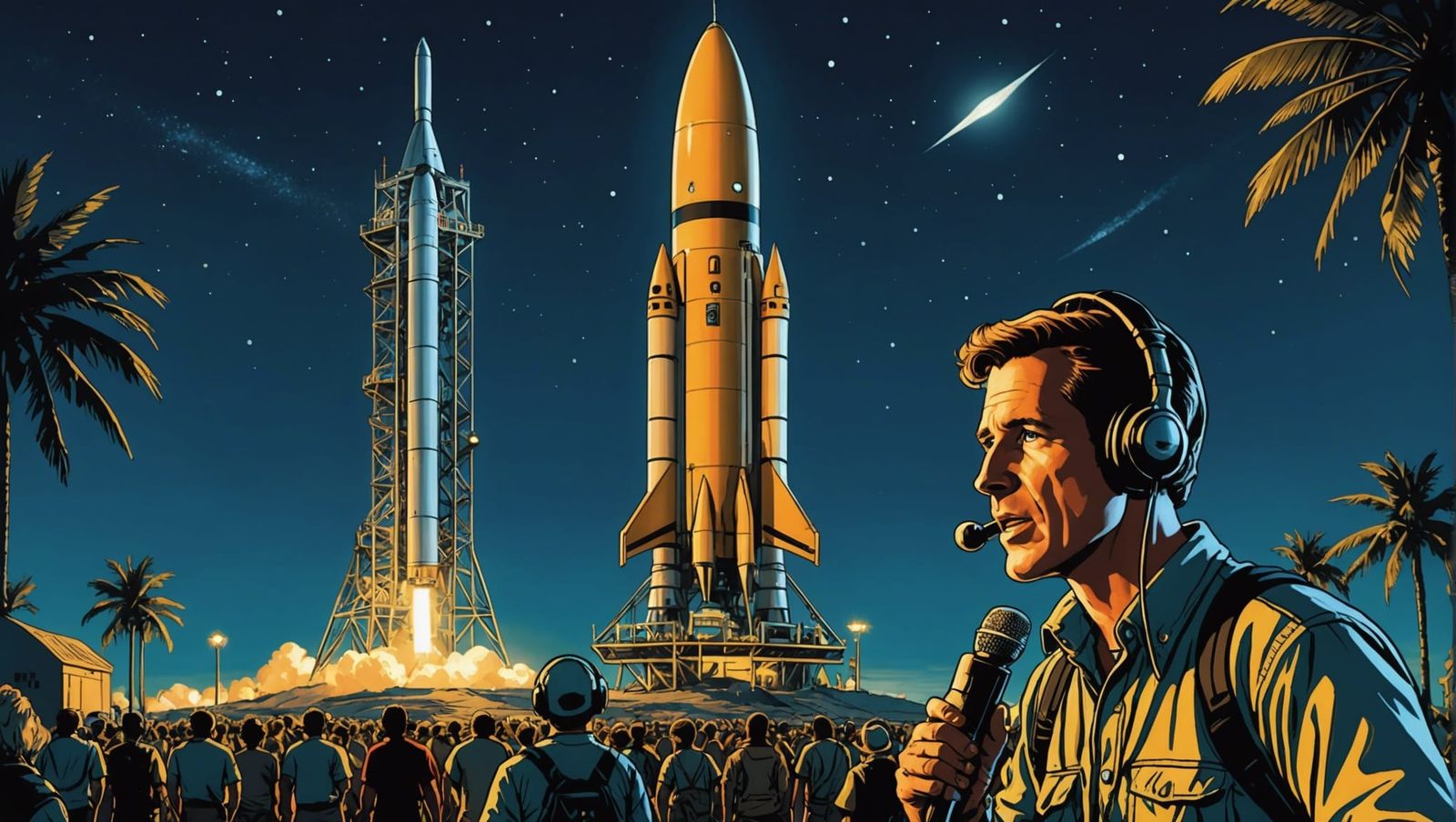 Retrofuturistic Rocket Launch Preparation at Night