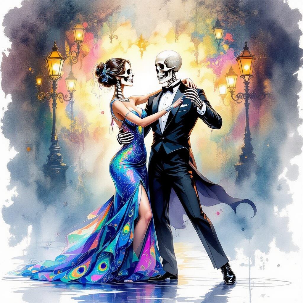 Tango Dancing Skeletons in Luminous Watercolor Style