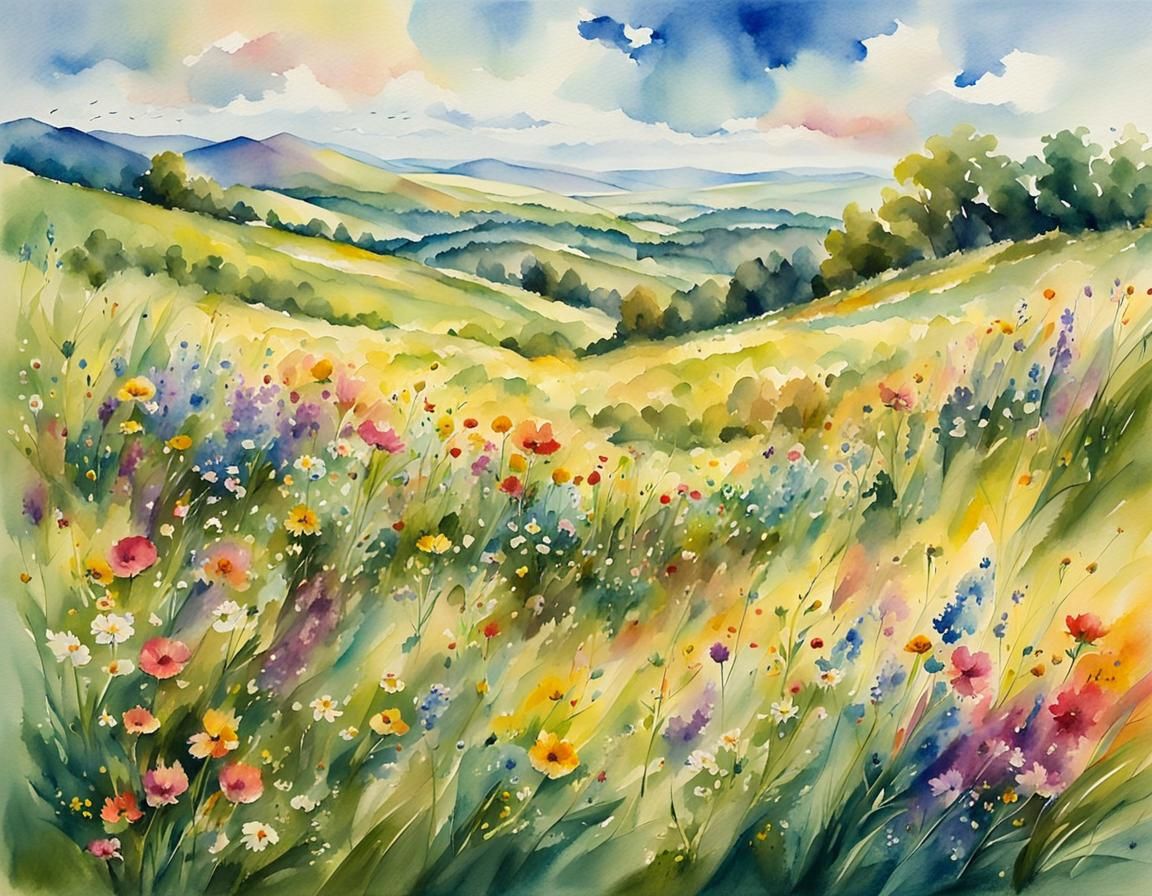 Watercolor Wildflower Landscape with Pastel Hues