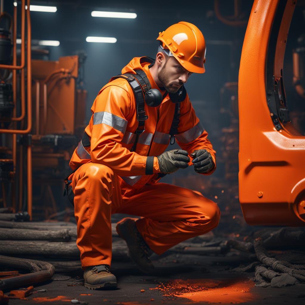 Worker in Orange Jumpsuit: Detailed Matte Painting