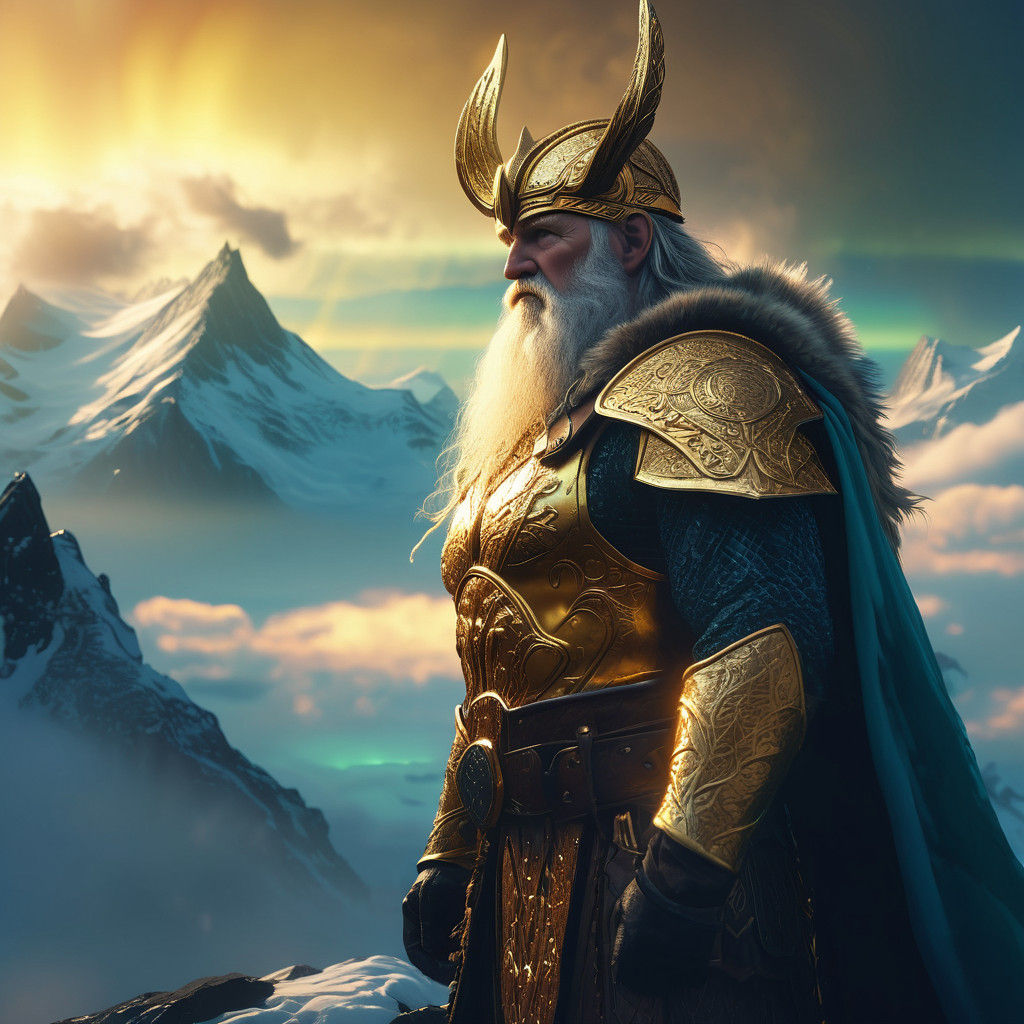 Norse God Odin Reigns Supreme from a Mountain Peak