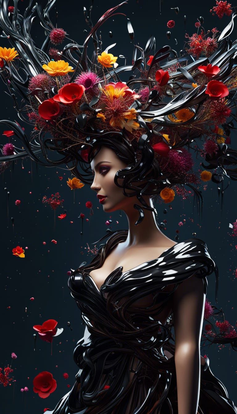 elegant woman in evening gown with flowers in hair, Jackson Pollock, Abstract expressionist, Splashing liquid, Drip tech...