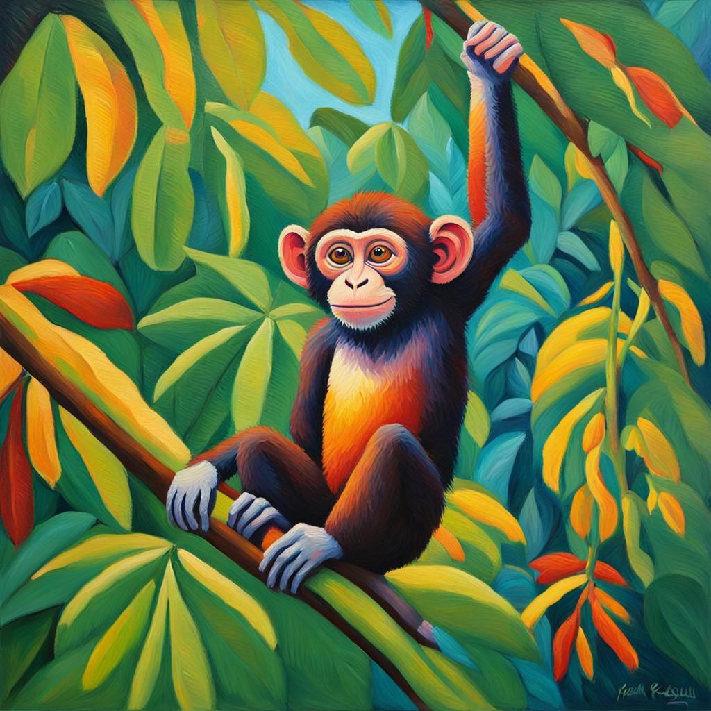Baby Monkey in Rainforest: Fauvist Oil Painting