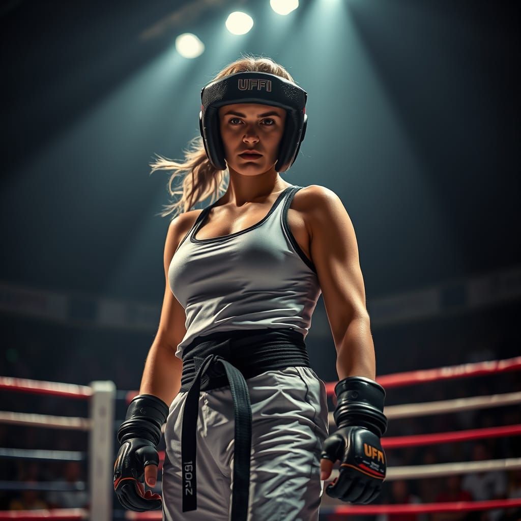 Confident Female Fighter in Martial Arts Ring