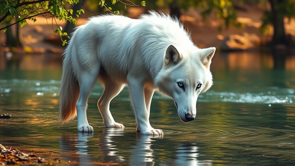 White Wolf Drinking from River, Photorealistic 8K