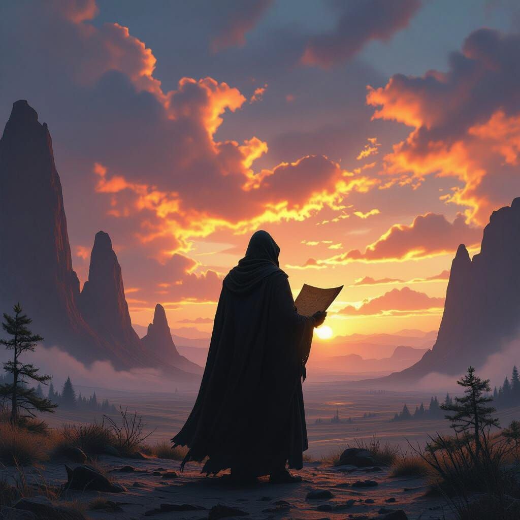 Twilight Traveler in Fantasy Landscape, Digital Painting