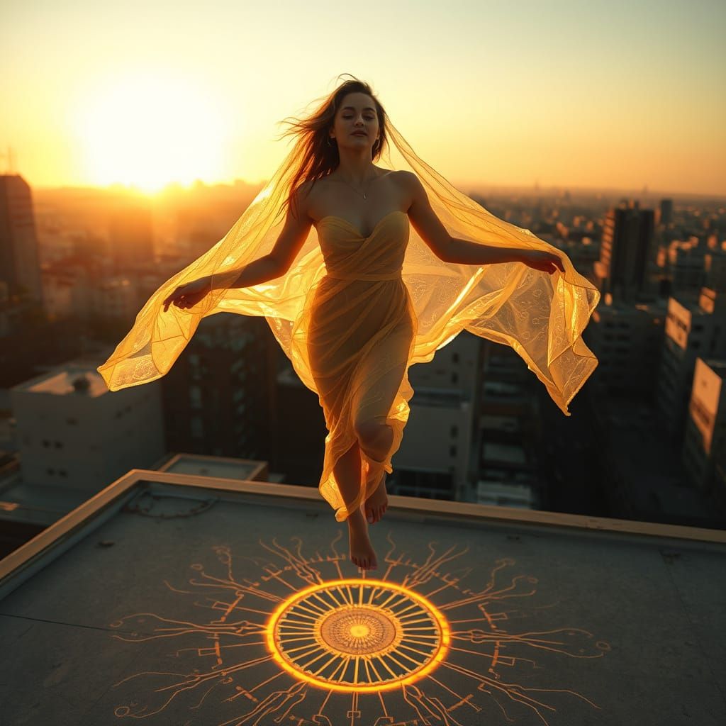Radiant Woman Levitates at Golden Hour in Digital Art
