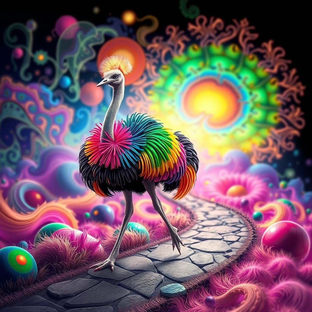 Vibrant Ostrich Embarks on Futuristic Journey