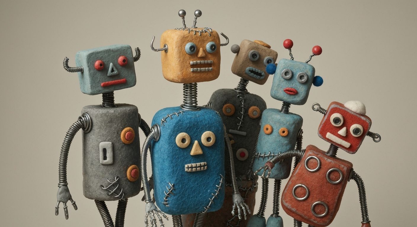 Whimsical Mixed-Media Sculpture of Injured Robots