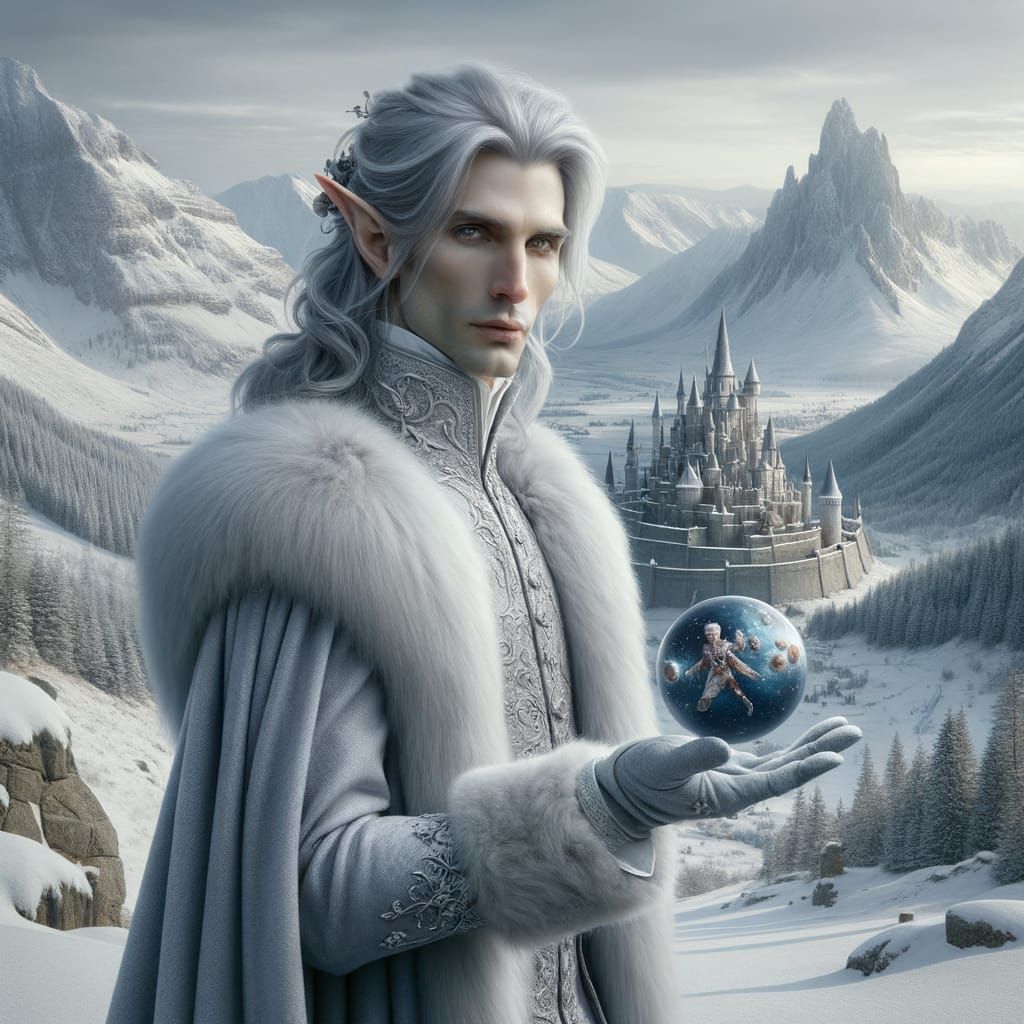 Elf Wizard Holds Miniature Universes in Winter Landscape