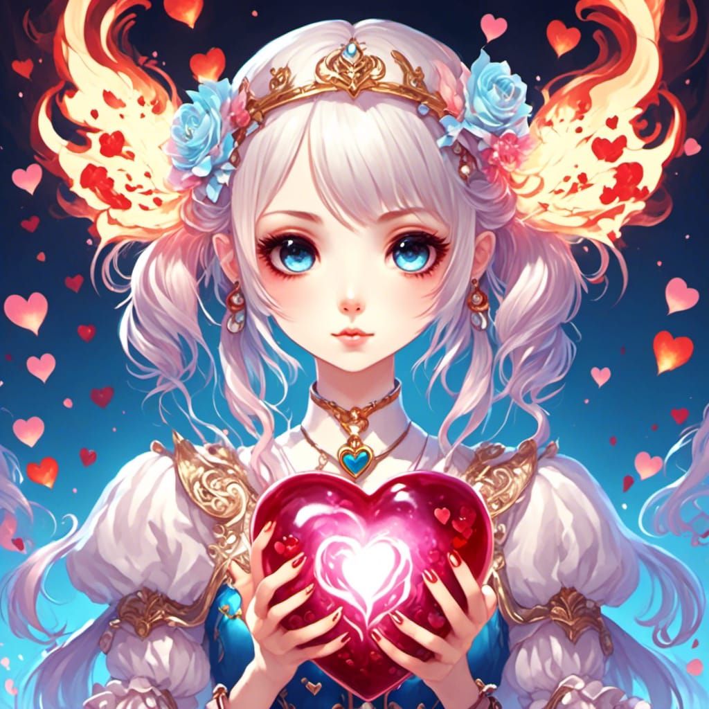 Kawaii Anime Girl Holding Glowing Heart