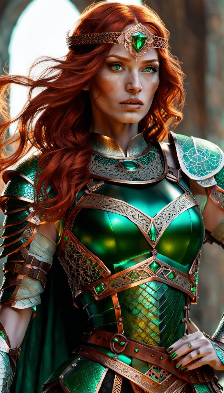 Red-Haired Warrior in Emerald Armor: A Hyperrealistic Master...
