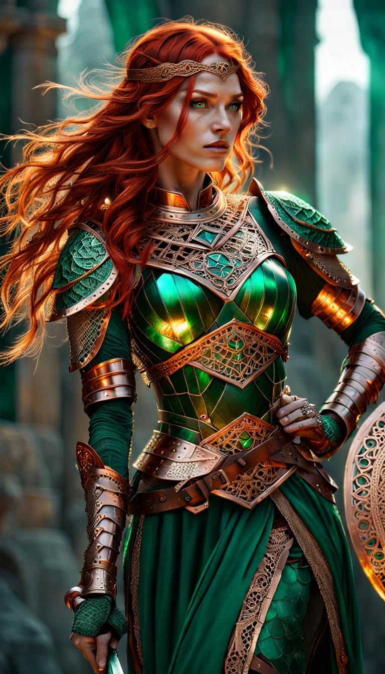 Red-Haired Warrior in Emerald Armor, Art Nouveau Style