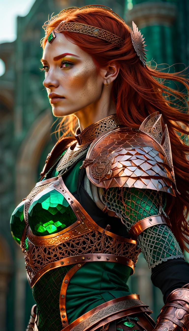 Red-Haired Warrior in Emerald Armor, Hyperrealistic Art