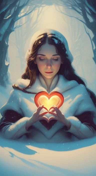 Woman in Snow Holding Heart: Fantasy Art