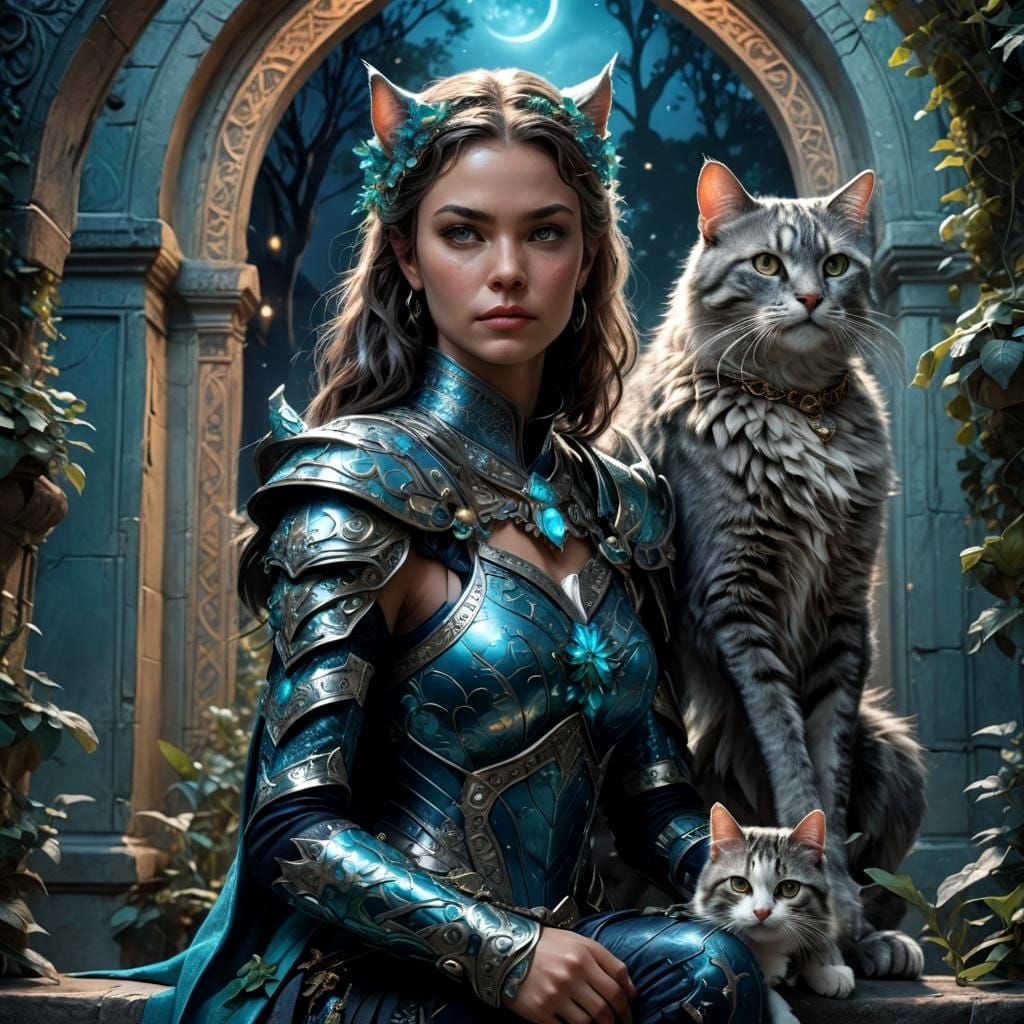 Ethereal Cat Woman with Pet Cat: Fantasy Concept Art