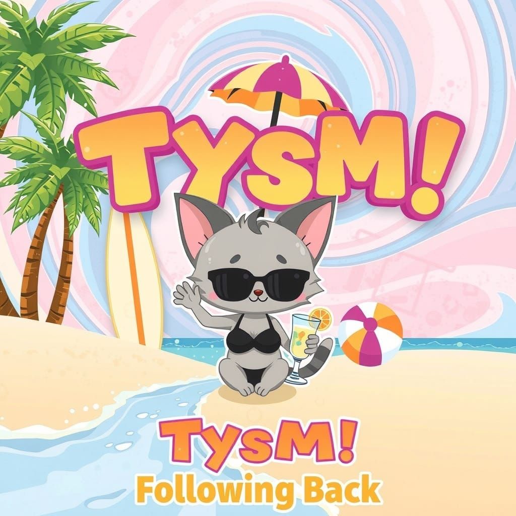 Vibrant and playful raised text that says "TYSM Following Back" set against a subtly textured backdrop in a whimsical, m...