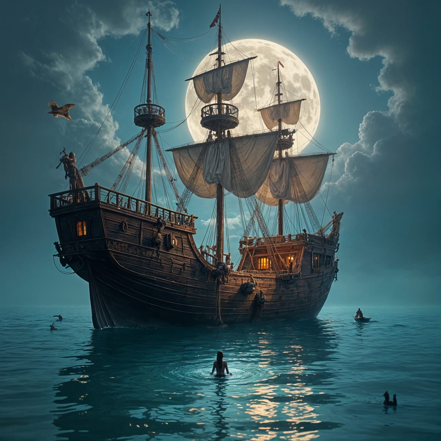 Surreal Dreamscape Ship Above Moonlit Ocean