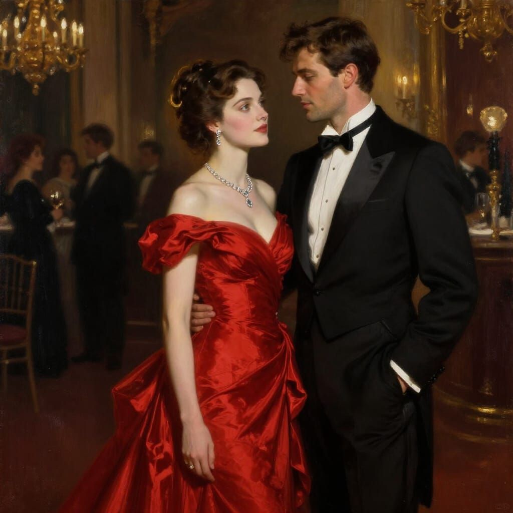 Elegant Couple in Ballroom Oil Painting