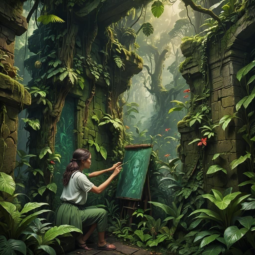 Chalk Graffiti Portrait in Lush Rainforest