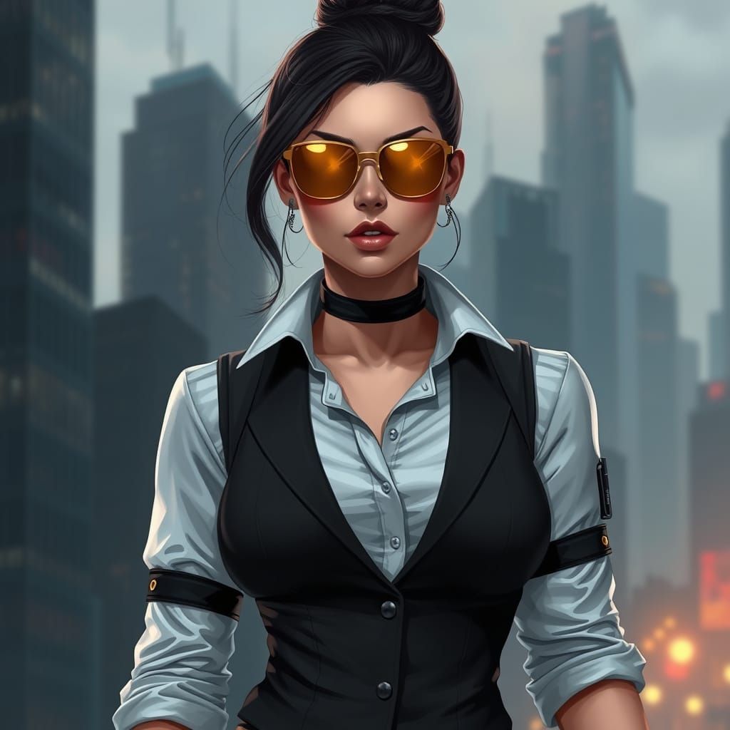 Woman in Sunglasses with Cityscape Background