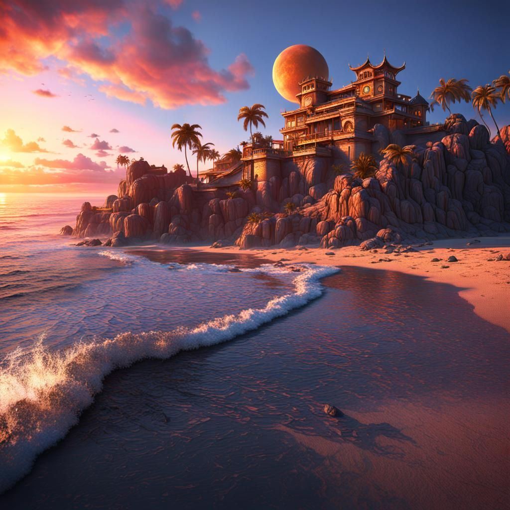 Detailed Sunset Beach Matte Painting in Deep Color