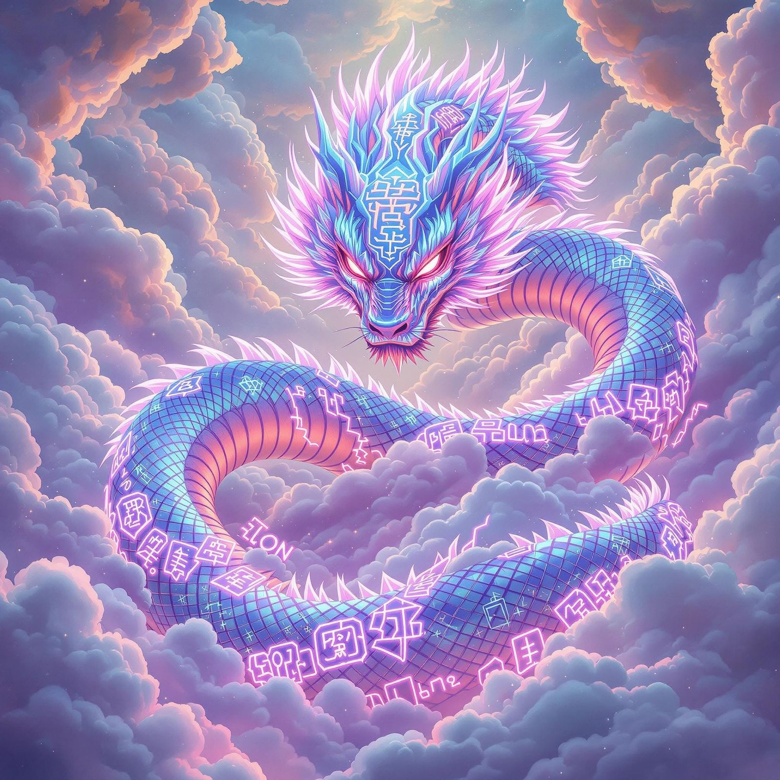 Ethereal Serpent in Neon Hues, Traditional Japanese Style