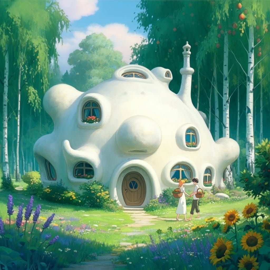 Whimsical White Stucco Abode with Interconnected Spheres