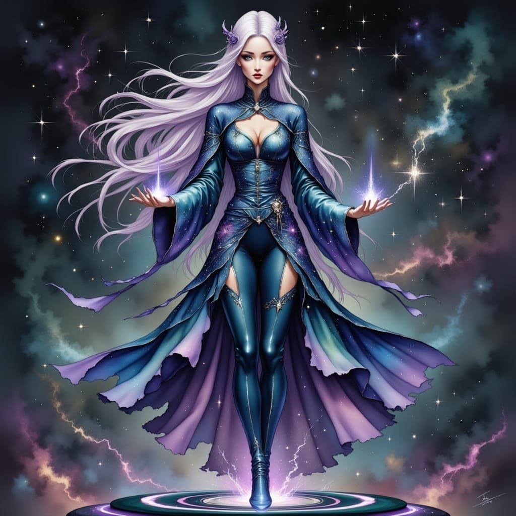 Elegant Mage Controls Starlight Magic in Digital Art