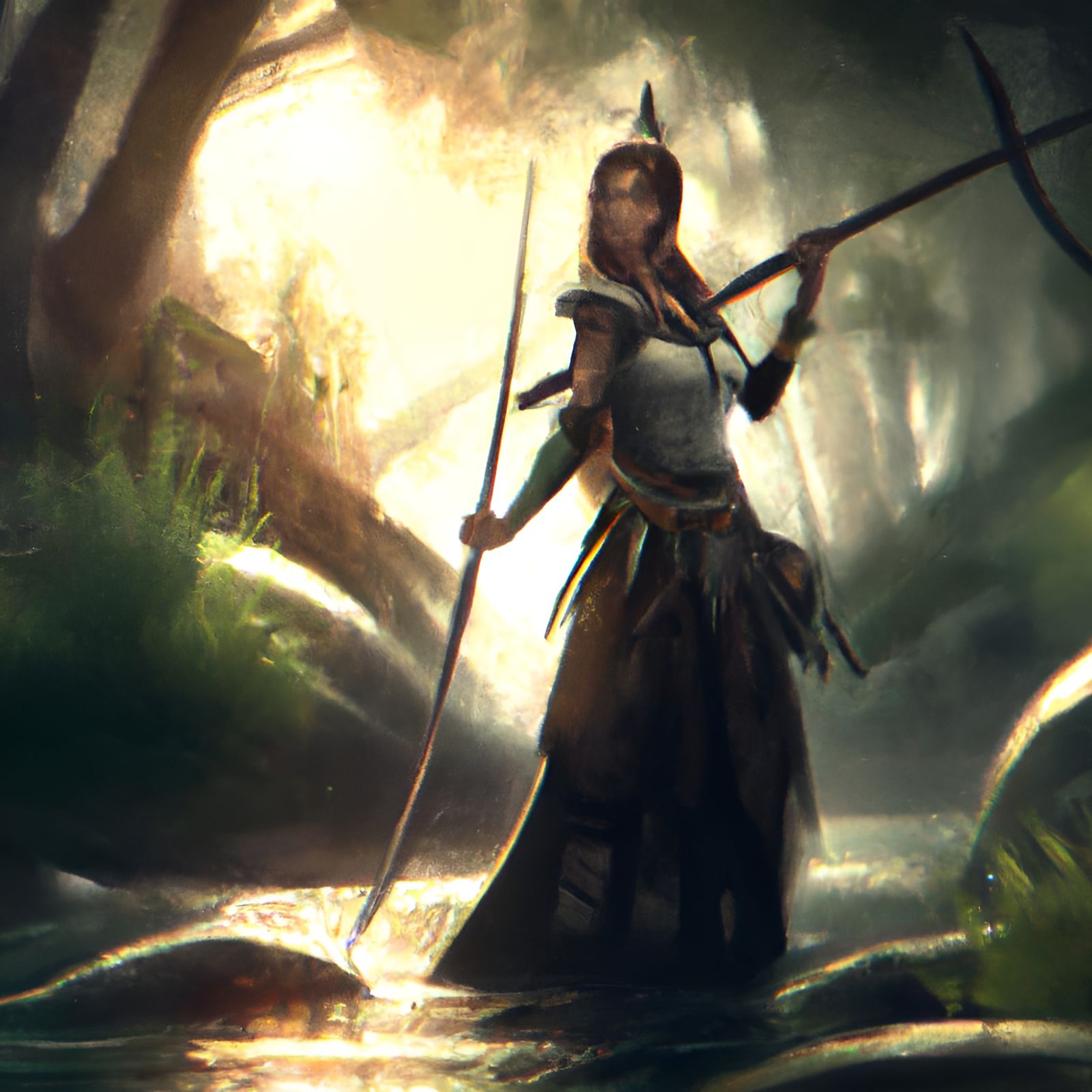 Epic Huntress in Dark Fantasy Forest