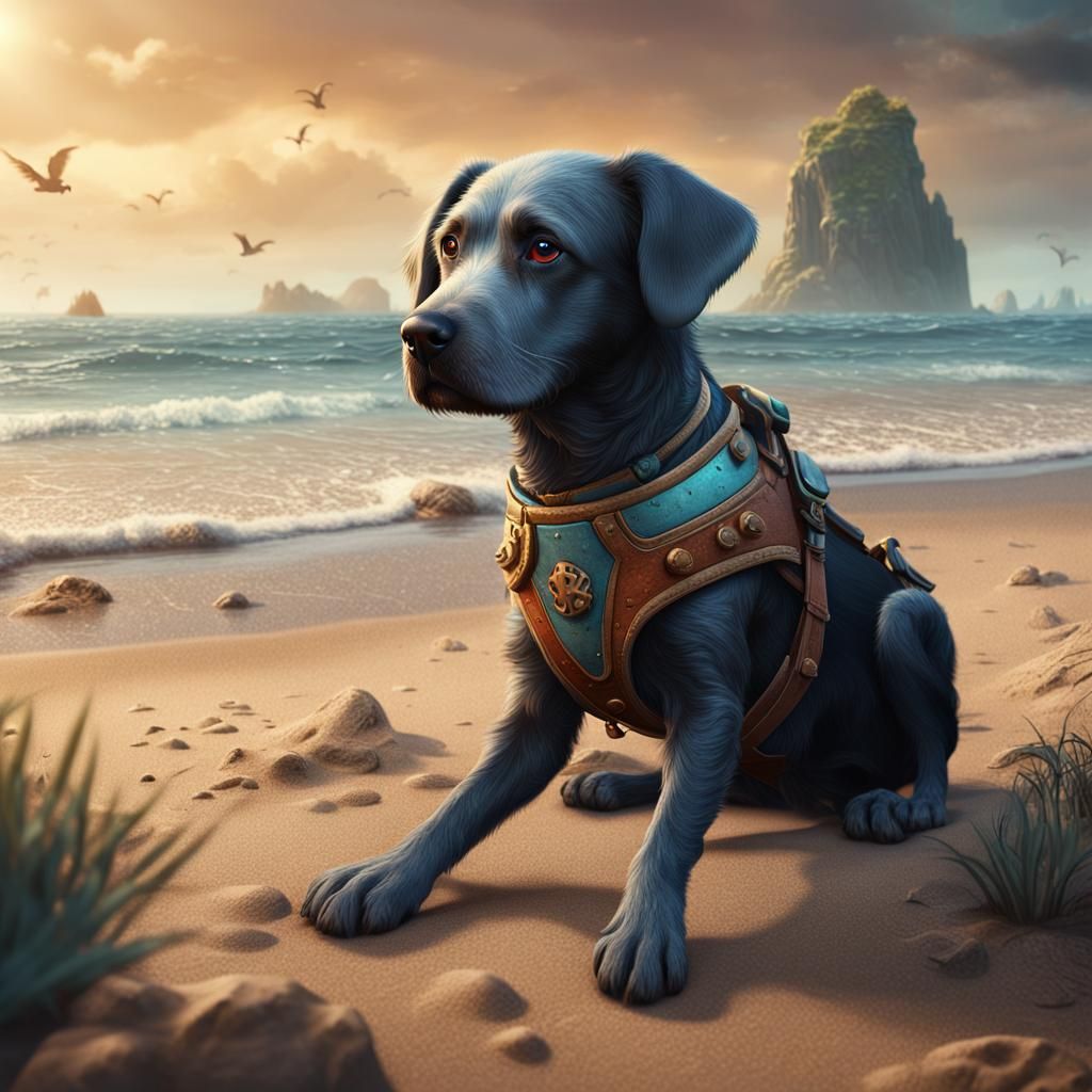 Sad Dog on Beach in Detailed Matte Painting