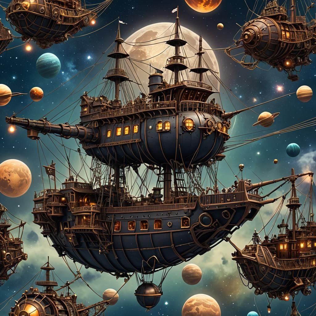 Steampunk Space Pirate Ship Amidst Stars