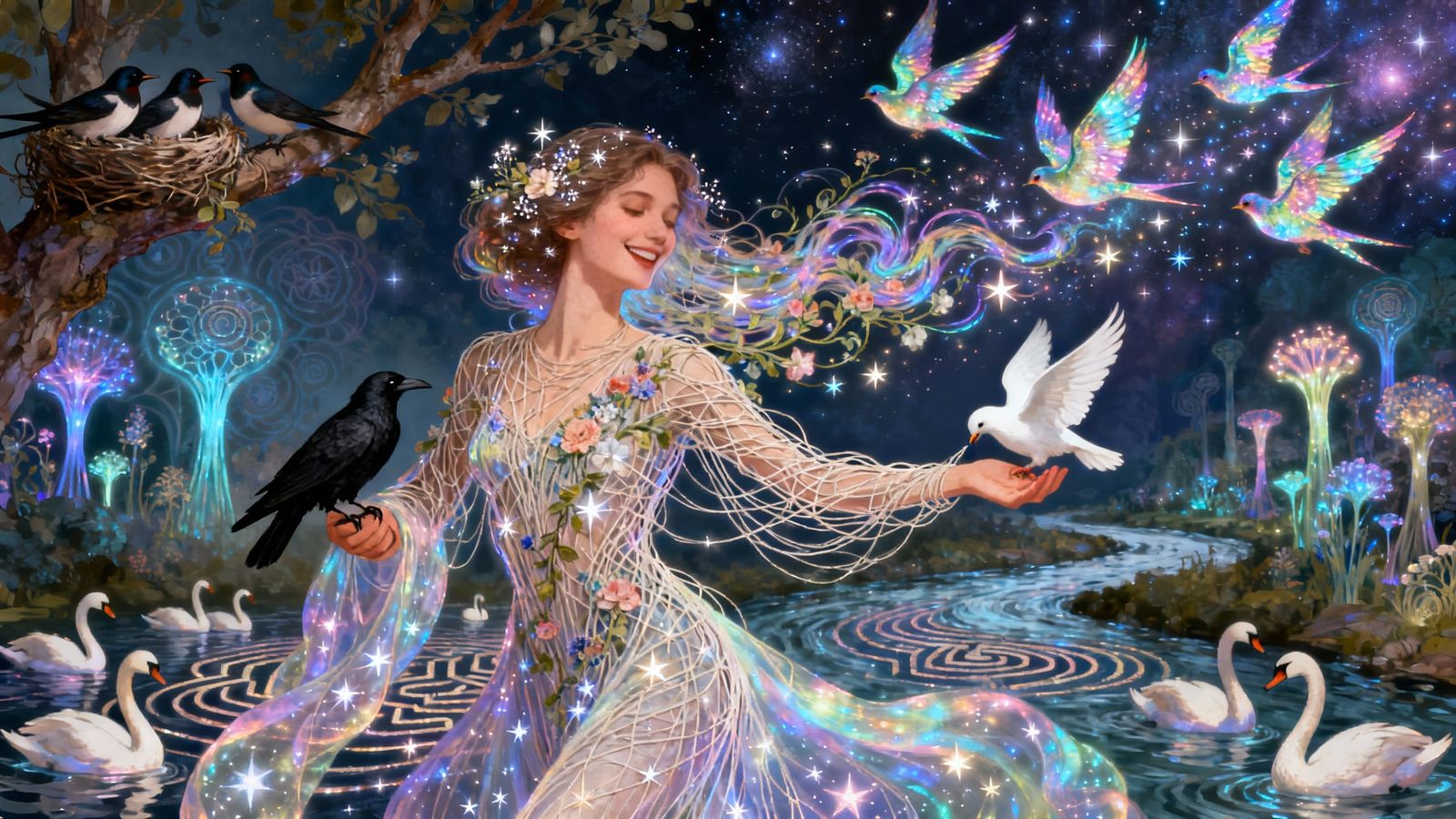 Ethereal Woman Dancing into Birds, Cosmic Energy & Nature