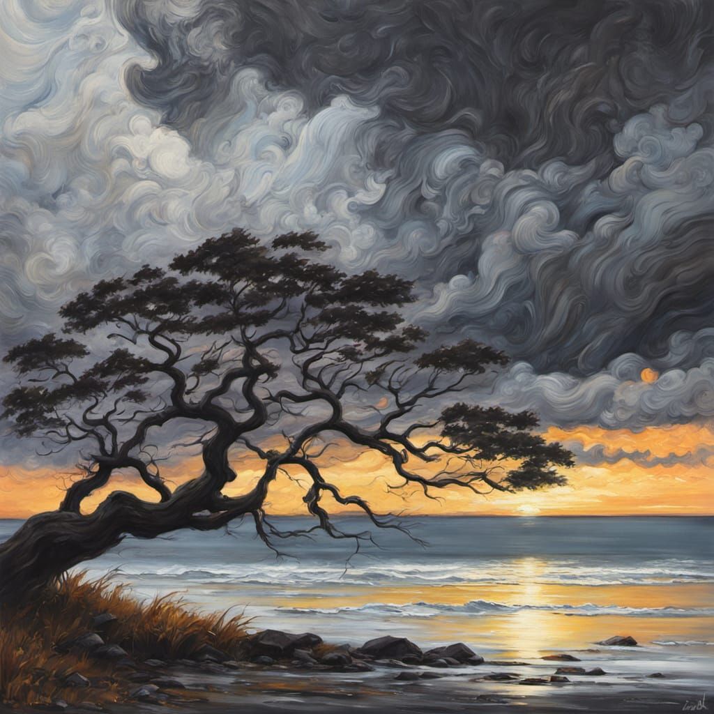 Moody Tree Silhouettes Over a Churned Sea as Oil Painting