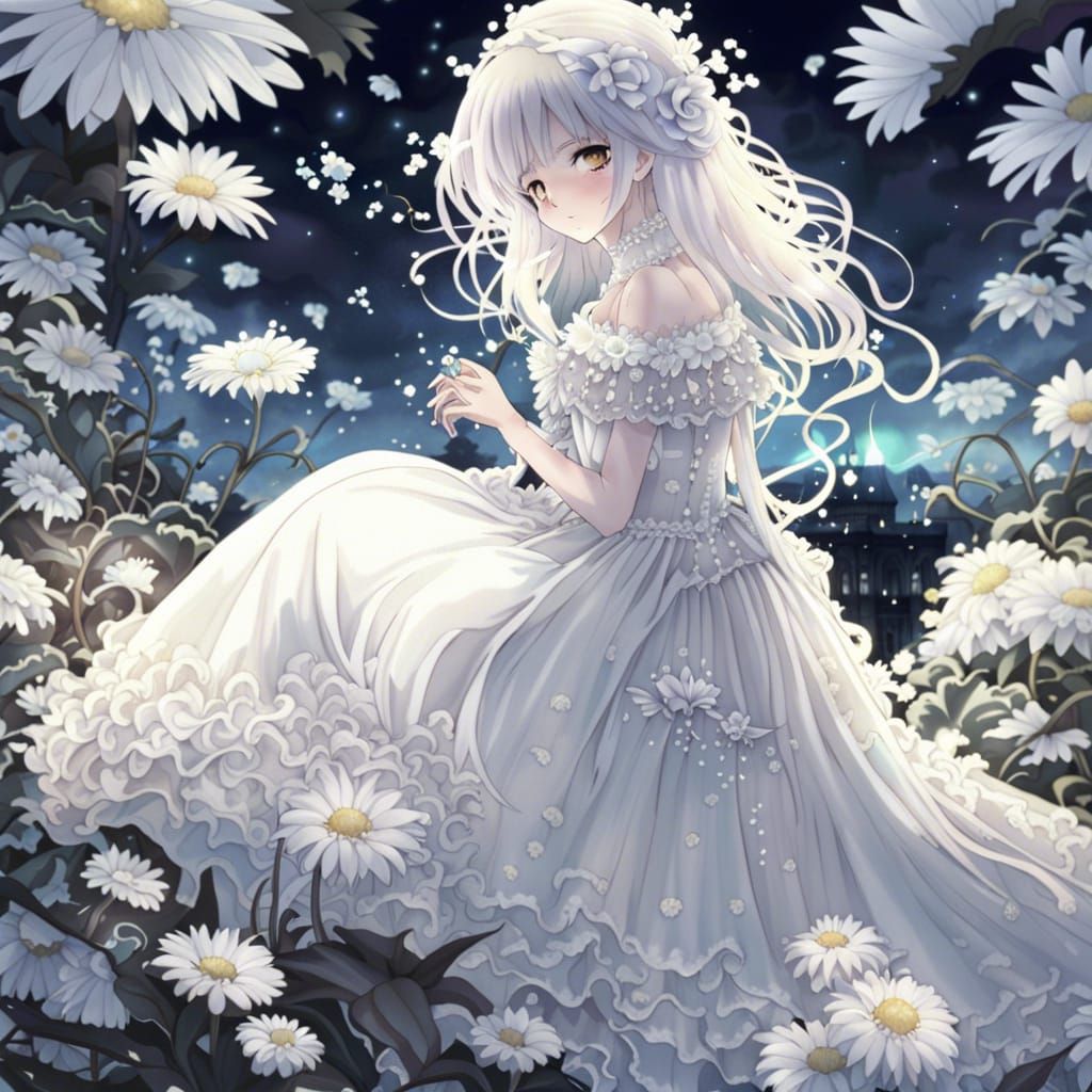 Ethereal Ghost Girl Among Daisies in Anime Style
