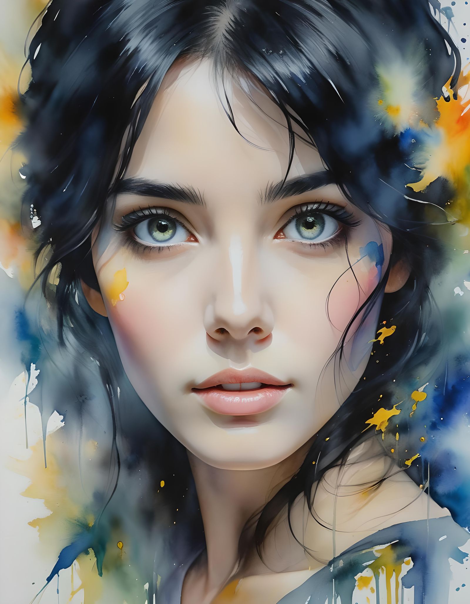 Mesmerizing Black-Haired Woman Portrait as Watercolour