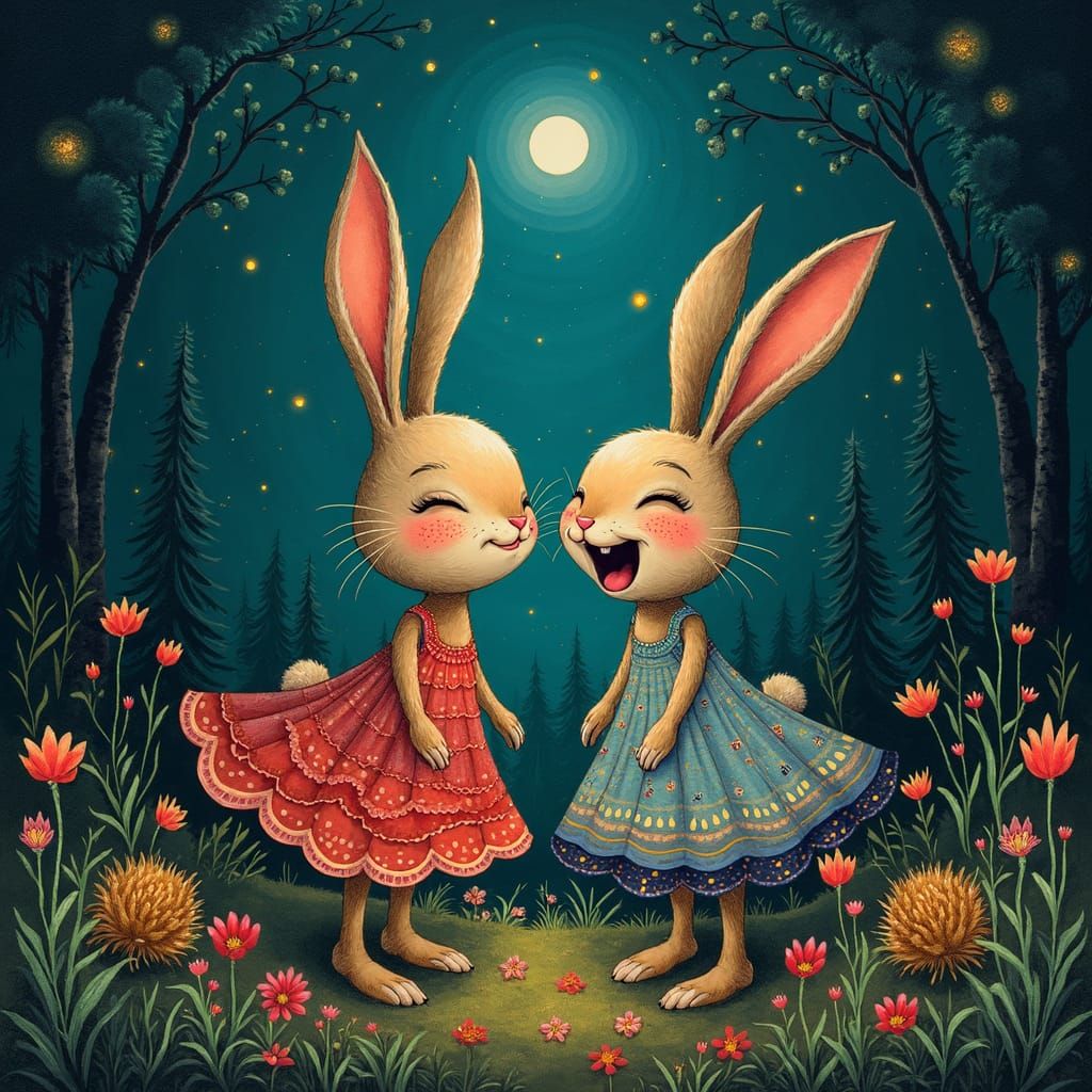 Laughing Anthropomorphic Rabbits in Lush Forest