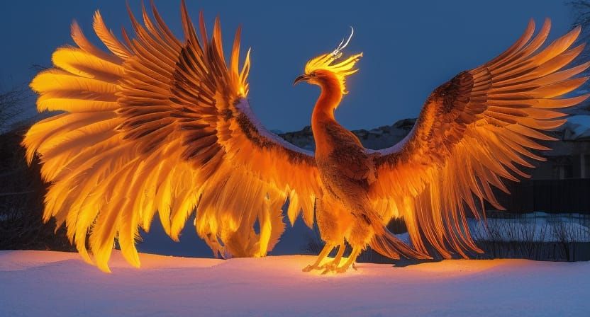 Golden Phoenix Ascending in a Spectral Stone Garden