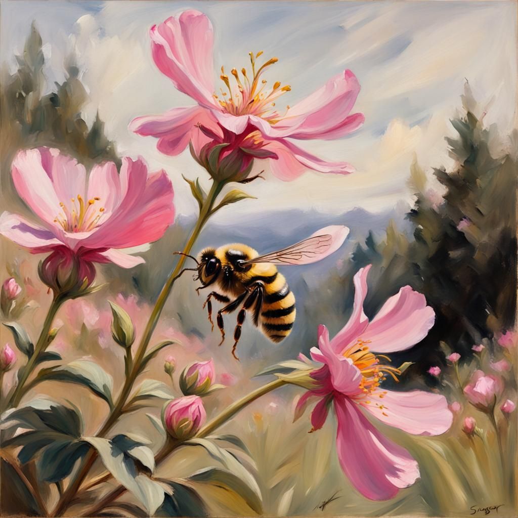 oil painting of a bee landing on a pink flower ready to pollinate