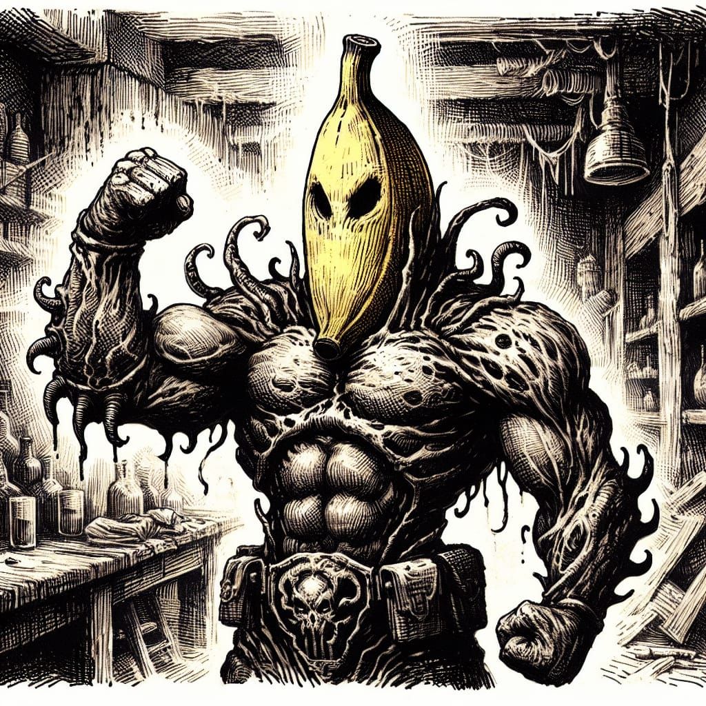 Surreal Banana Brawler in Dark Fantasy Ink Art