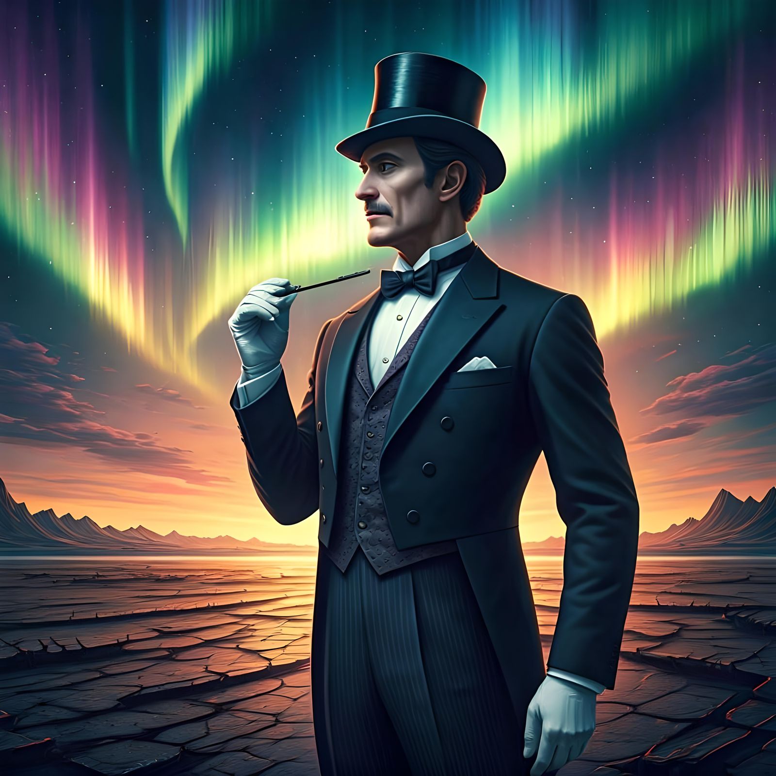 Hyperrealistic Gentleman in Wasteland Aurora