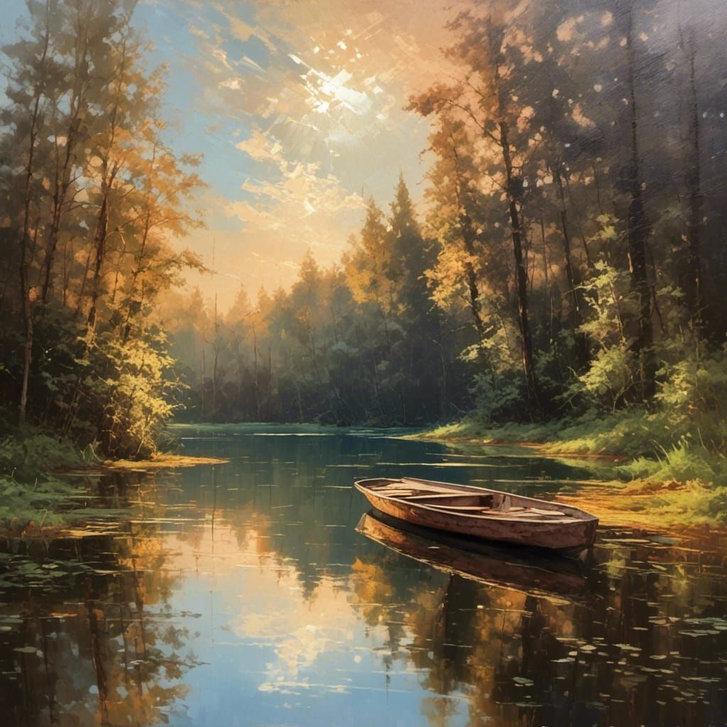 Lake Reflection with Boat in Oil Painting Style
