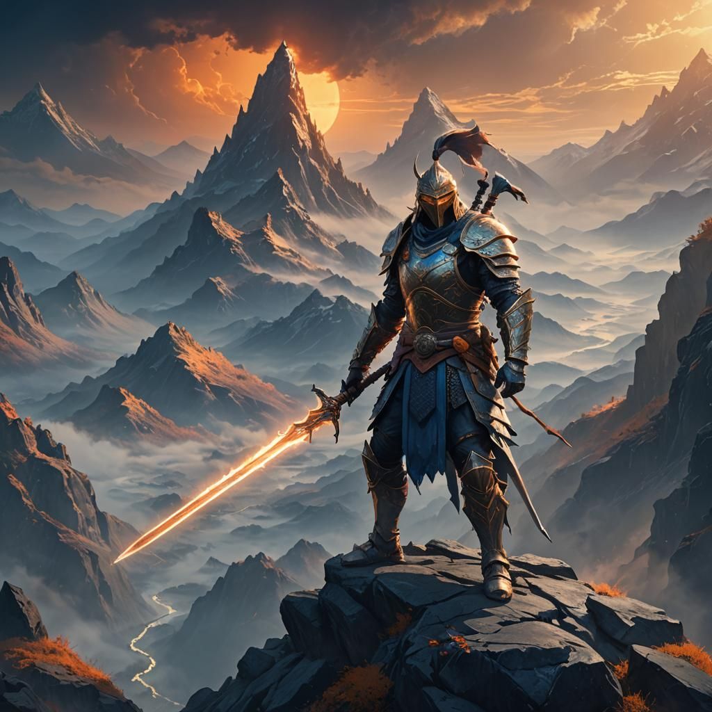 Epic Warrior Holds the Blade of Destiny on Misty Mountain Pe...