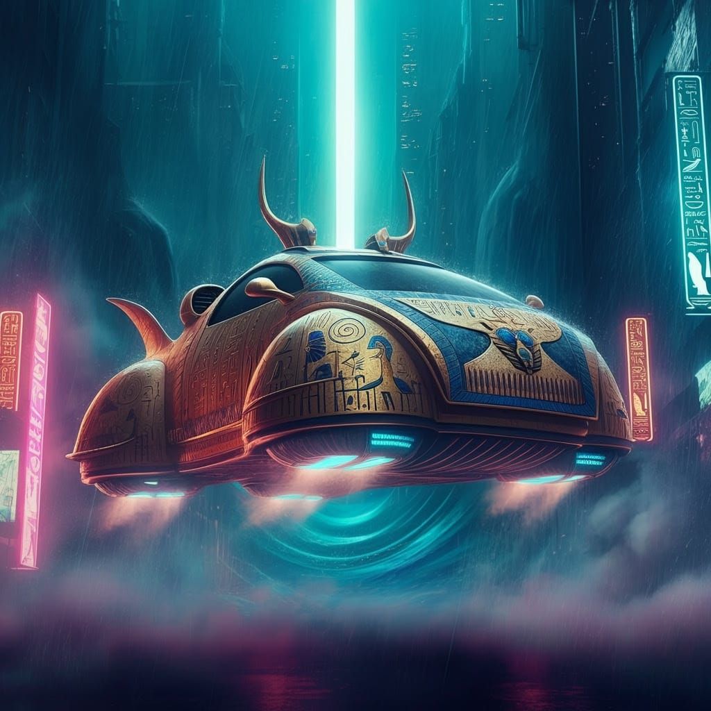 Golden Cyberpunk Hovercar Conjures Ancient Egyptian Majesty