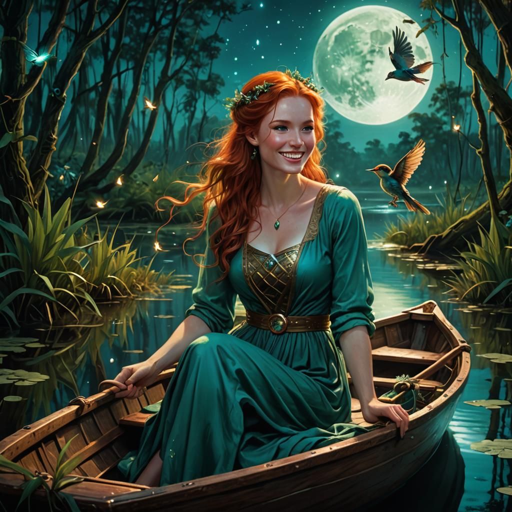 Redhead Woman with Bird in Mystical Swamp