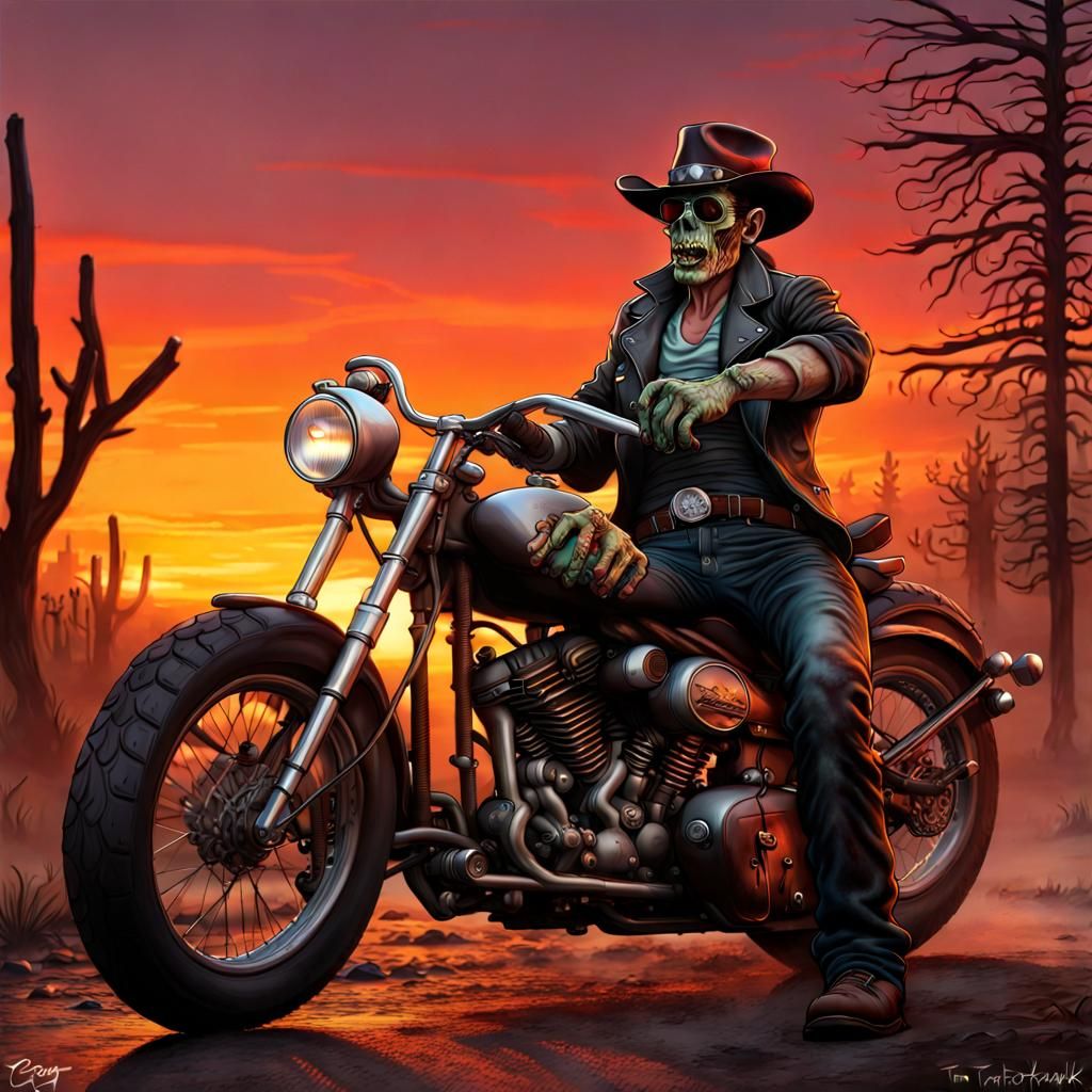 Zombie Cowboy Rides Harley Towards Sunset